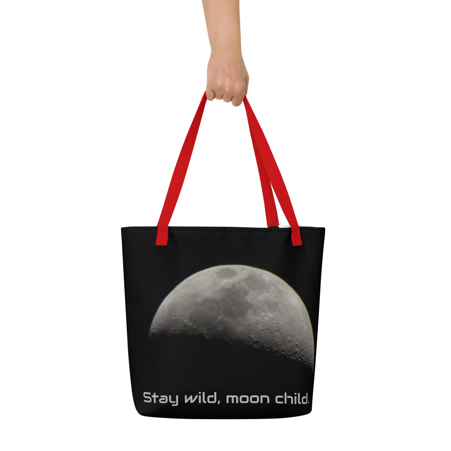 Großer Stoffbeutel mit Aufschrift "Stay wild, moon child" und Aufdruck eines Mondbildes