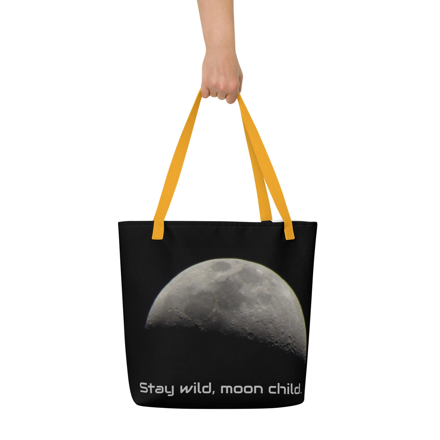 Großer Stoffbeutel mit Aufschrift "Stay wild, moon child" und Aufdruck eines Mondbildes